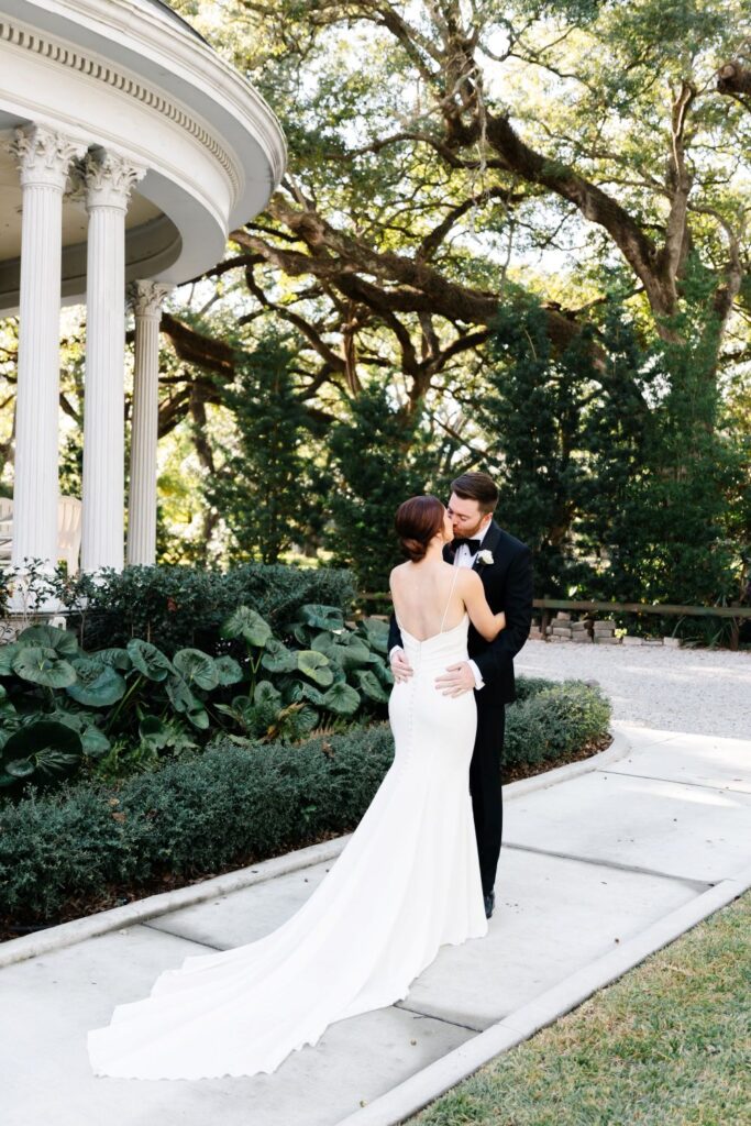 Bride comparing satin vs silk wedding dresses
