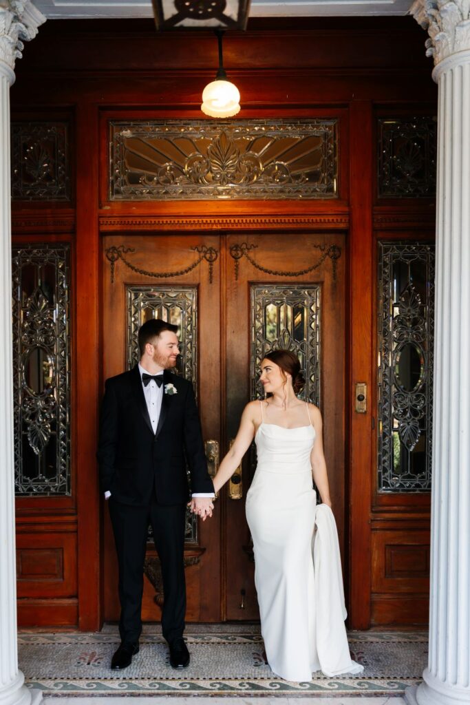 Elegant satin bridal dress with fitted bodice