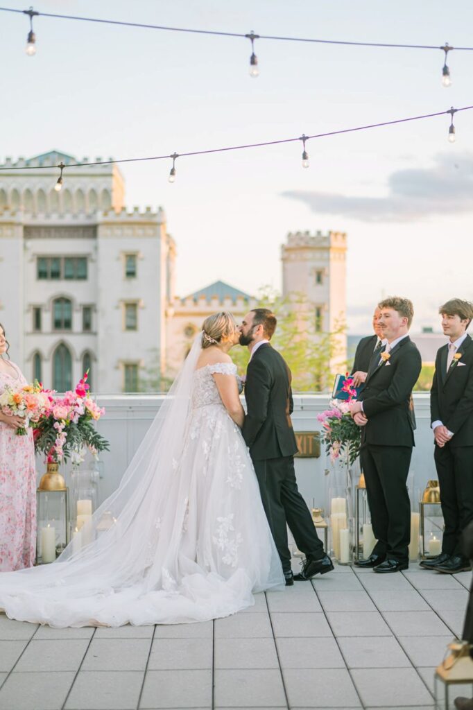 Bride wearing a silk mikado wedding gown